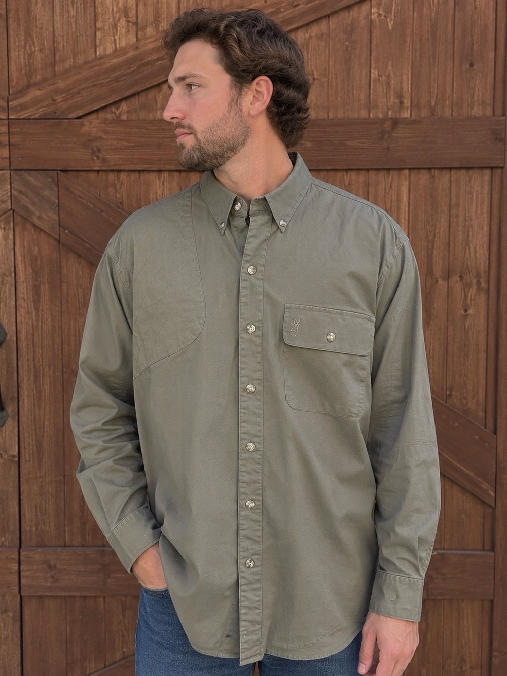 Browning Men's Button-Down Hunting/ Shooting Shirt in Olive Green
